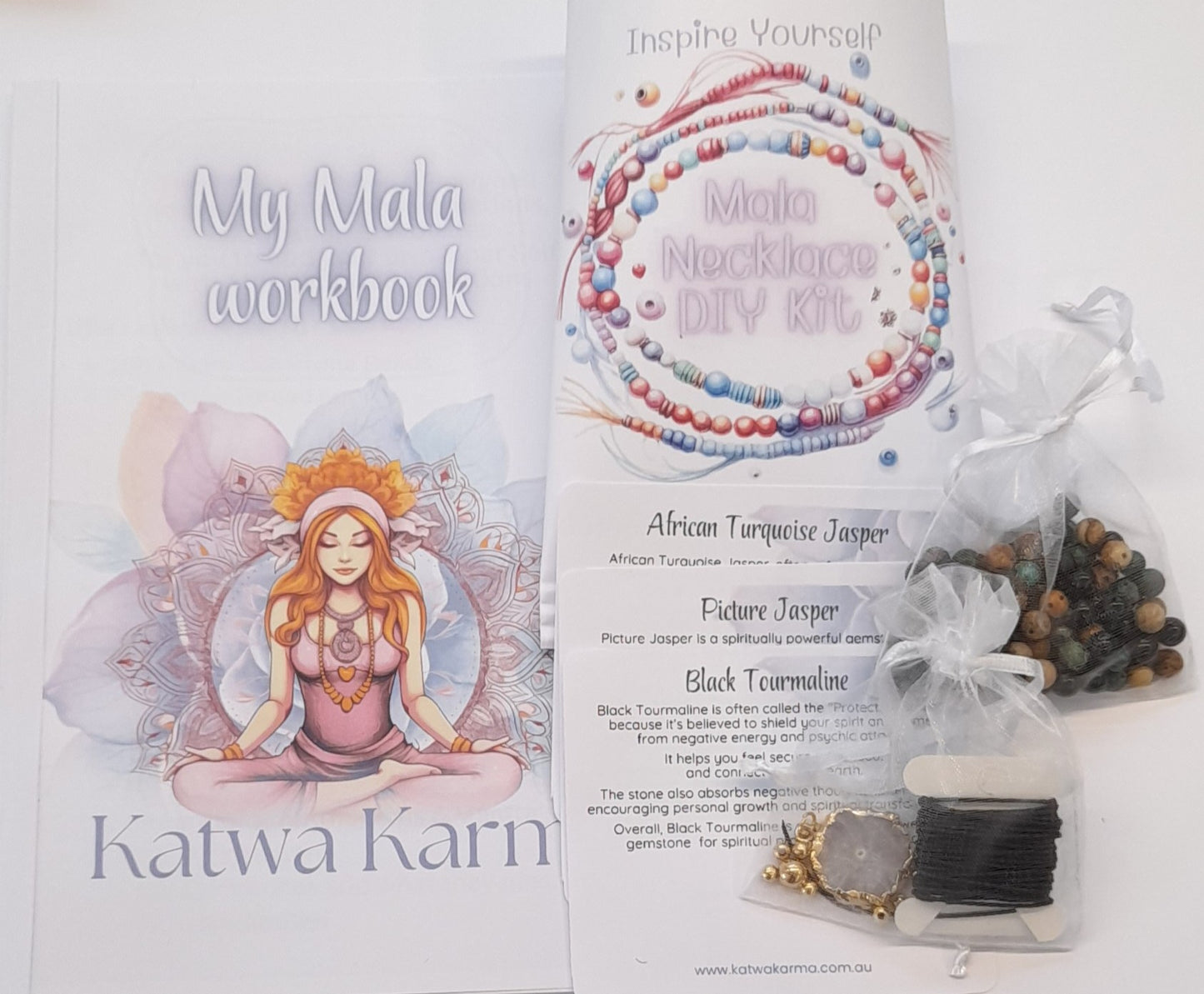 African Turquoise, Black Tourmaline, Picture Jasper DIY Mala kit, Japa Meditation