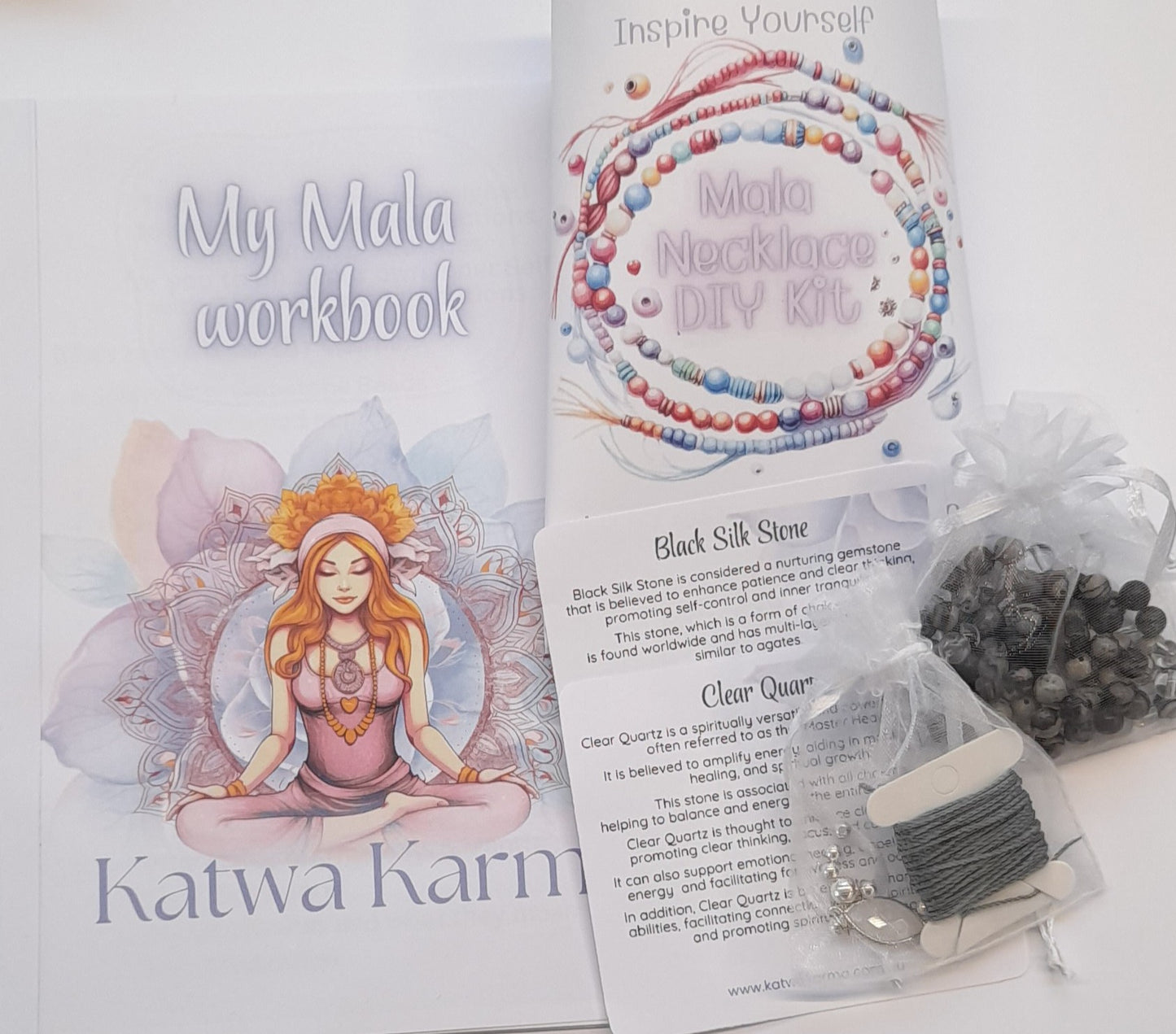 Black Silk Stone, Clear Quartz DIY mala kit, Japa Meditation