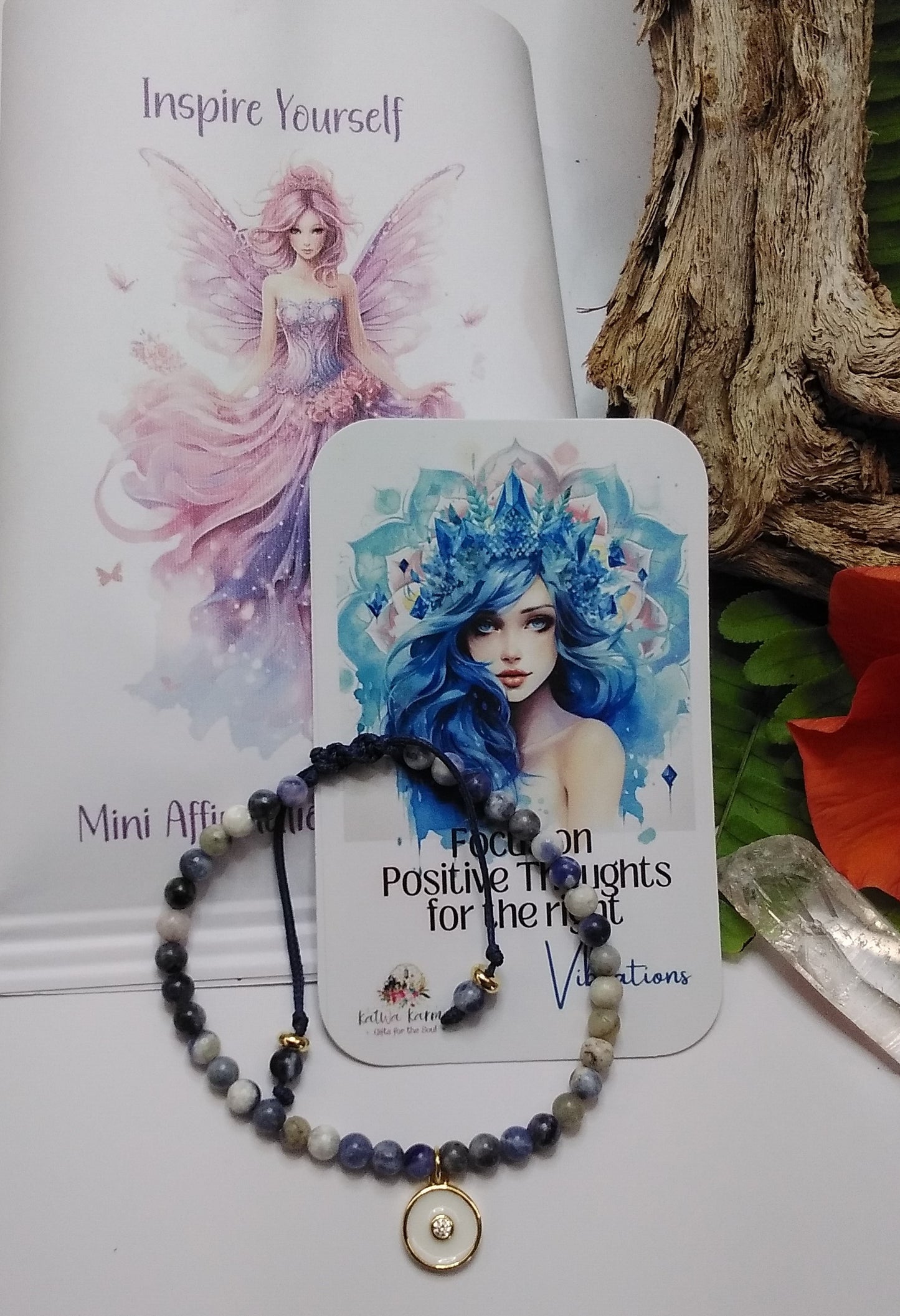 "affirmation", "Gift", Inspire", "birthday", "Meditation", "mindful gift", "Yoga", "sodalite", "Positive", mini affirmations, positive affirmations, tiny intentions, Focus on Positive Thoughts for the right Vibrations, gemstone bracelet