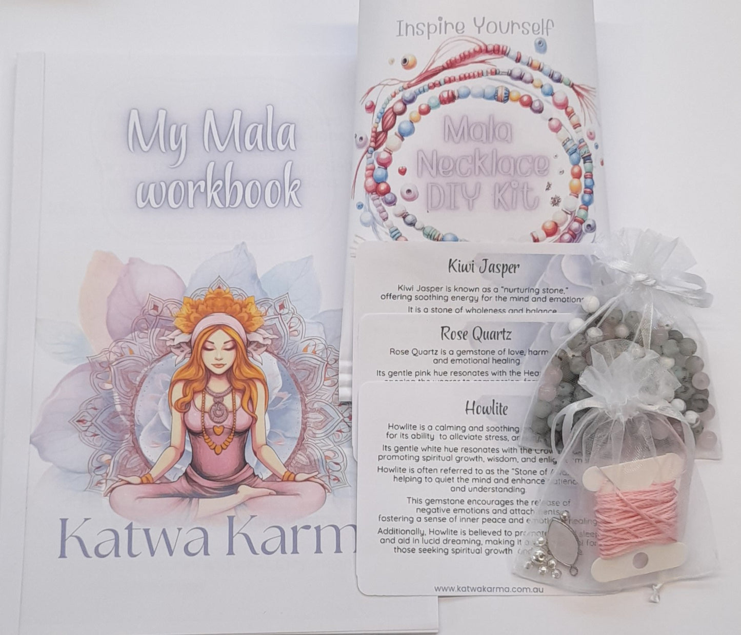 Kiwi Jasper, Rose Quartz, Howlite DIY Mala kit, Japa Meditation