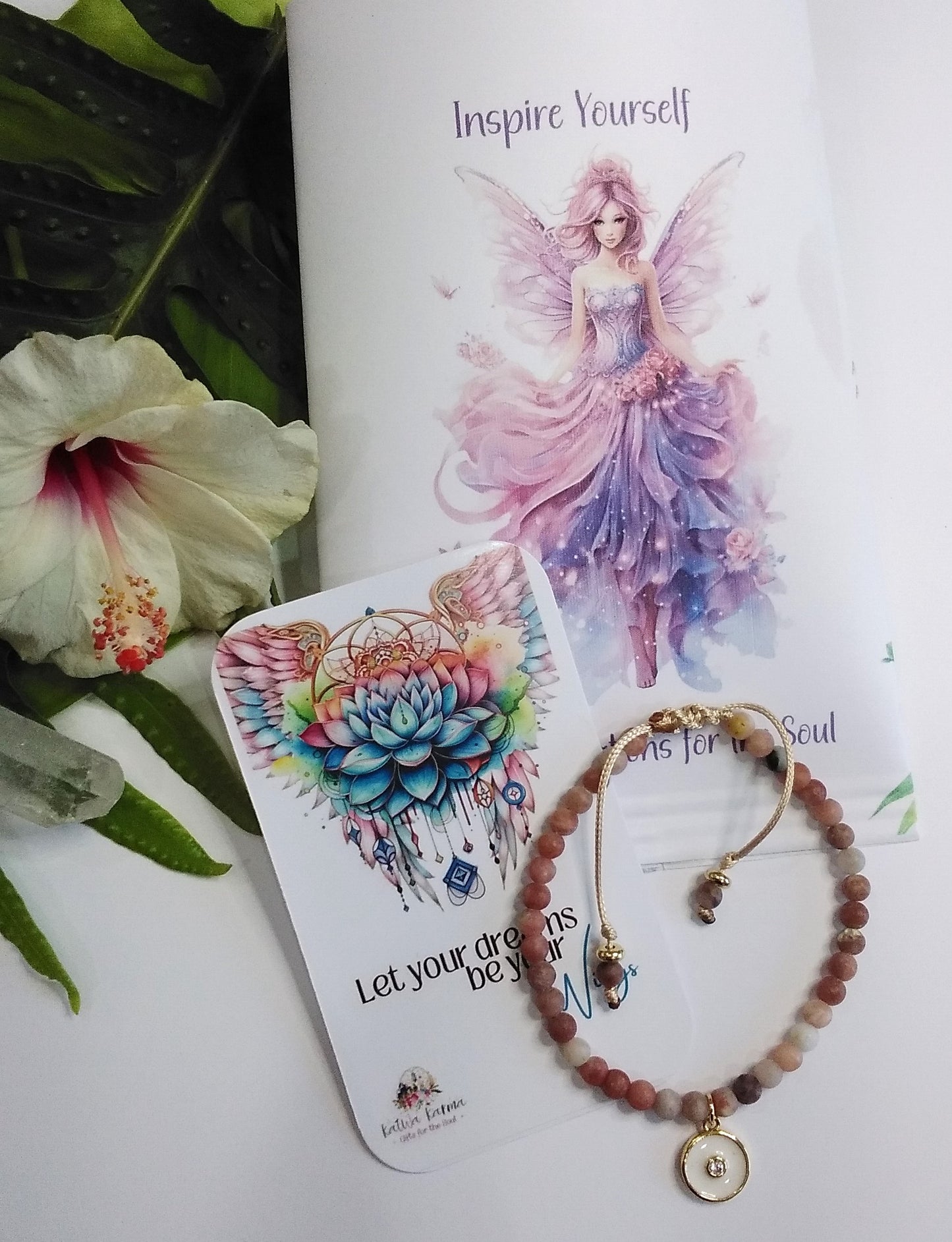 "affirmation", "Gift", Inspire", "birthday", "Meditation", "mindful gift", "Yoga", "Positive". "soulful", "calm", mini affirmations, positive affirmations, tiny intentions, Let your dreams be your wings, gemstone bracelet