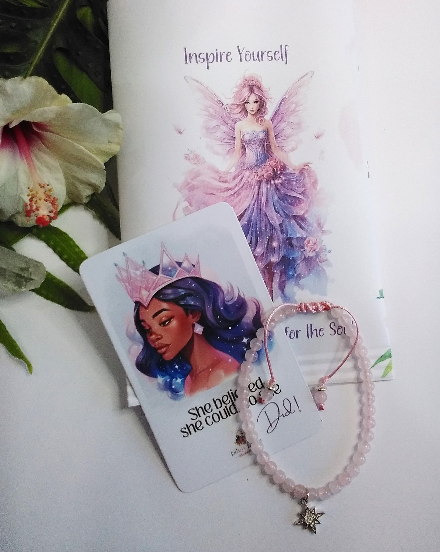 "affirmation", "Gift", Inspire", "birthday", "Meditation", "mindful gift", "Yoga", "rose quartz", "Positive". "soulful", "calm", mini affirmations, positive affirmations, tiny intentions, she believed she could so she did, gemstone bracelet