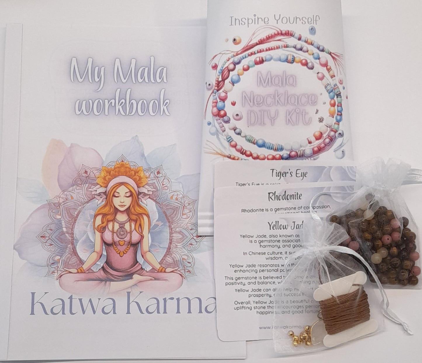tiger eye, rhodonite, yellow jade mala diy kit, Japa Meditation