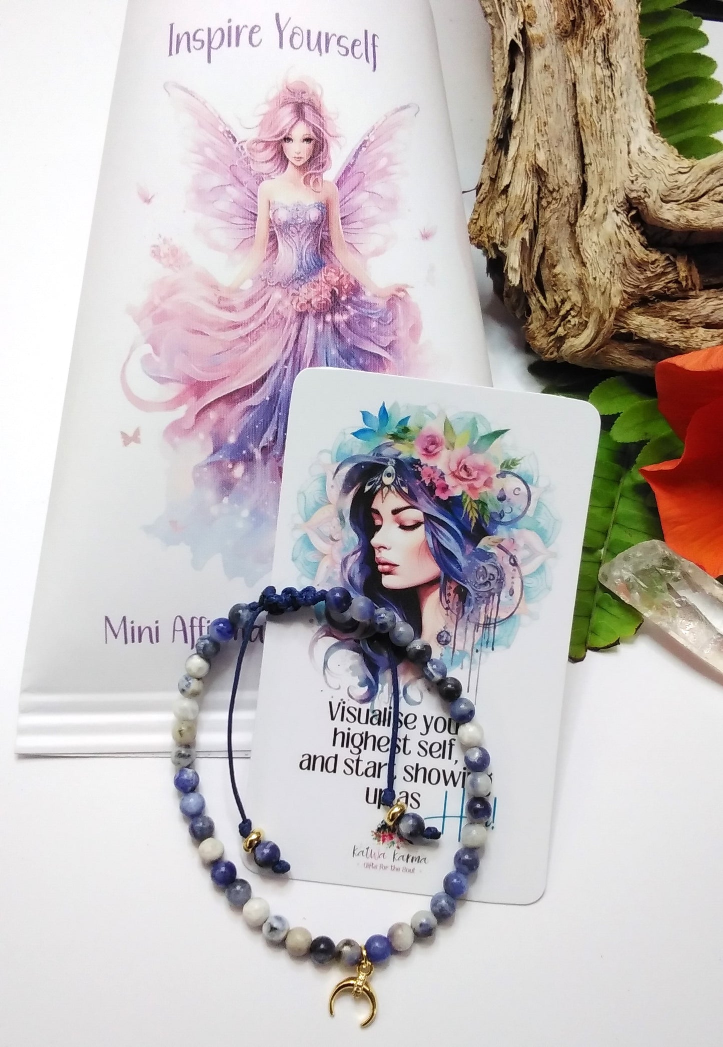 "affirmation", "Gift", Inspire", "birthday", "Meditation", "mindful gift", "Yoga", "sodalite", mini affirmations, positive affirmations, tiny intentions, Visualise your highest self and start showing up as her, gemstone bracelet