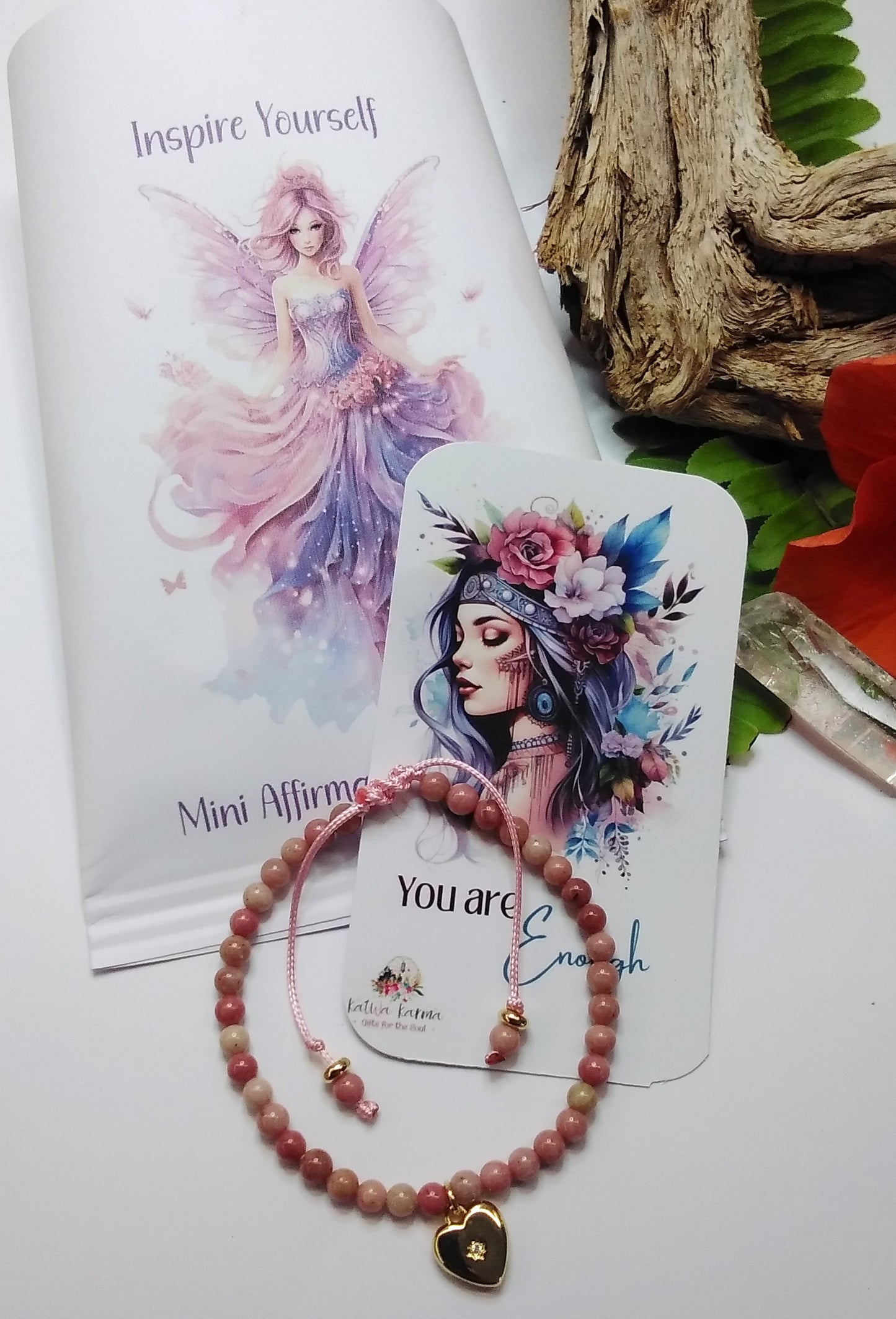 "affirmation", "Gift", Inspire", "birthday", "Meditation", "mindful gift", "Yoga", "rhodonite", "Positive", mini affirmations, positive affirmations, tiny intentions, you are enough, gemstone bracelet