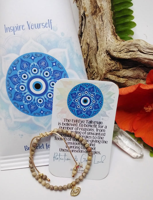 evil eye bracelet, talisman, inspire, good luck, mini affirmations, positive affirmations, tiny intentions, gemstone bracelet