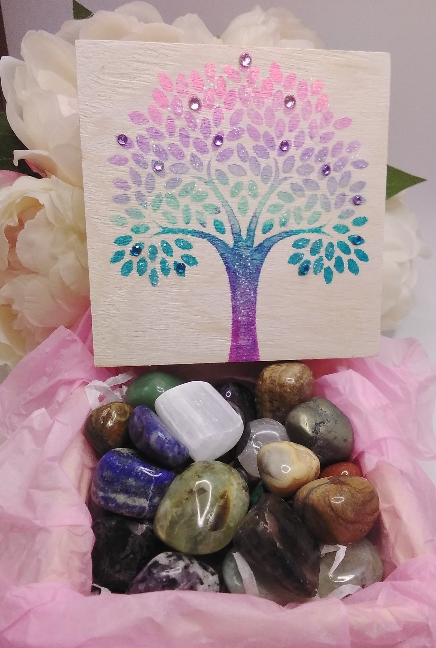 Gemstone Gift Box, Assorted Tumble Gemstones, Tree of Life